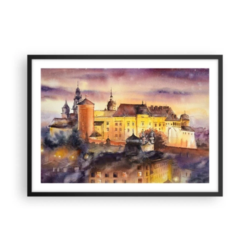 Poster in einem schwarzem Rahmen - Ein malerisches Aquarell einer Burg bei Sonnenuntergang - 70x50cm - Geschichte und Märchen - Moderne Wanddekoration für Wohnzimmer und Schlafzimmer ARTTOR