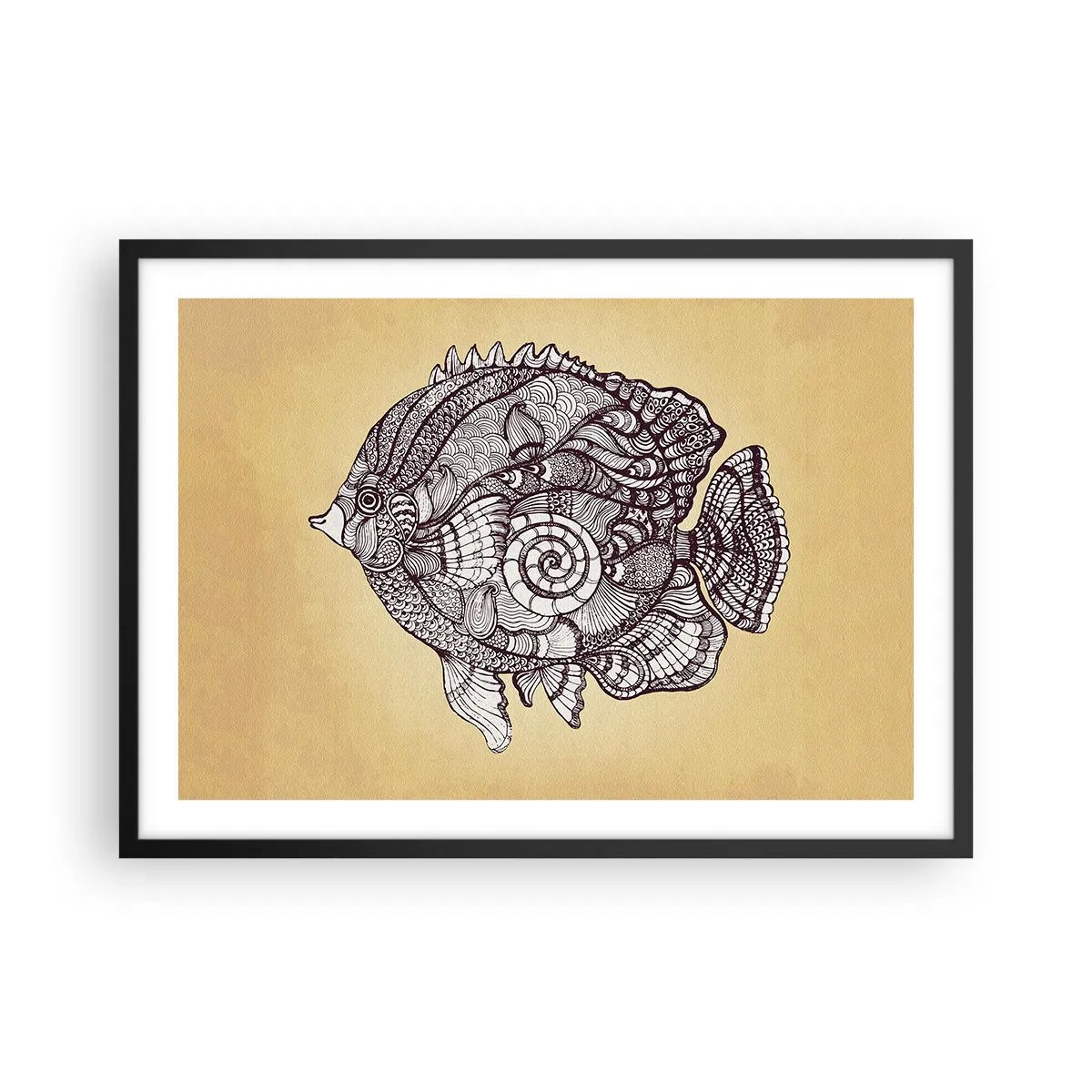 Poster in einem schwarzem Rahmen - Dekorativer Fisch im Zeichenstil mit Mustern - 70x50cm - Aus dem Ozean der Ornamente - Moderne Wanddekoration für Wohnzimmer und Schlafzimmer ARTTOR