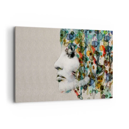 Bild auf Leinwand - Leinwandbild - Profil einer Frau in Aquarellfarben mit abstraktem Hintergrund - 120x80cm - Sie tauchte aus dem Grau auf - Moderne Wanddekoration für Wohnzimmer und Schlafzimmer ARTTOR