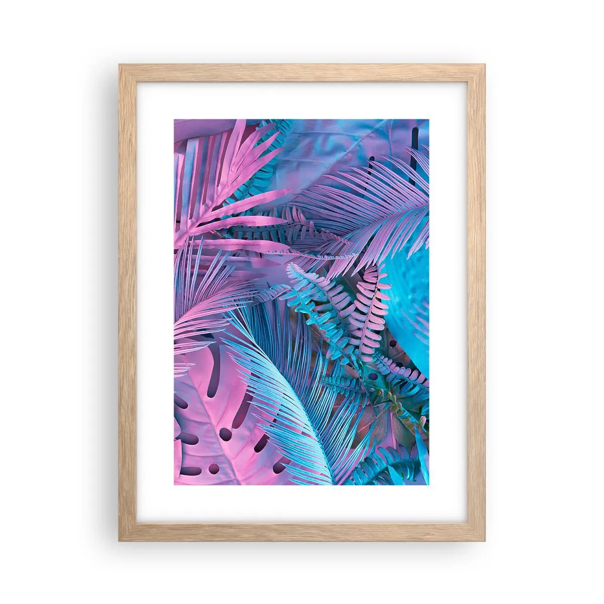 Poster in einem Rahmen aus heller Eiche - Tropen in Rosa und Blau - 30x40 cm