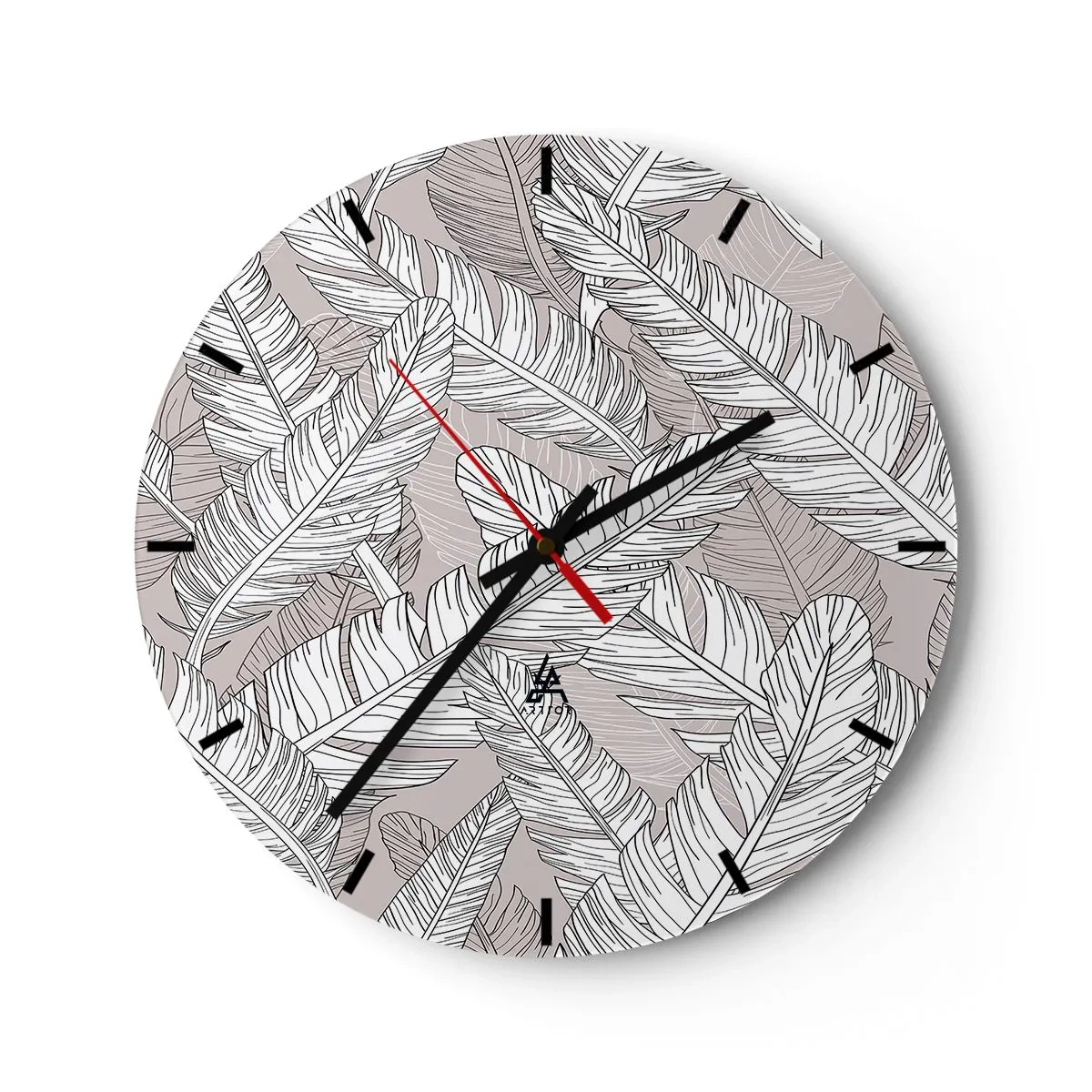 Wanduhr - Glasuhr - Schwarz-weiße Bananenblätter auf hellem Hintergrund - 30x30cm - Ein Federwirbel - Moderne Wanddekoration für Wohnzimmer, Küche und Schlafzimmer ARTTOR
