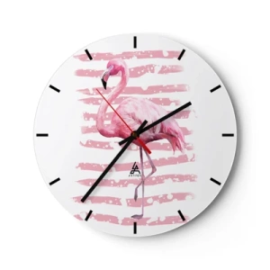 Wanduhr - Glasuhr - Ein rosa Flamingo auf einem weiß gestreiften und rosa Hintergrund - 30x30cm - In Würde, aber in Pink - Moderne Wanddekoration für Wohnzimmer, Küche und Schlafzimmer ARTTOR