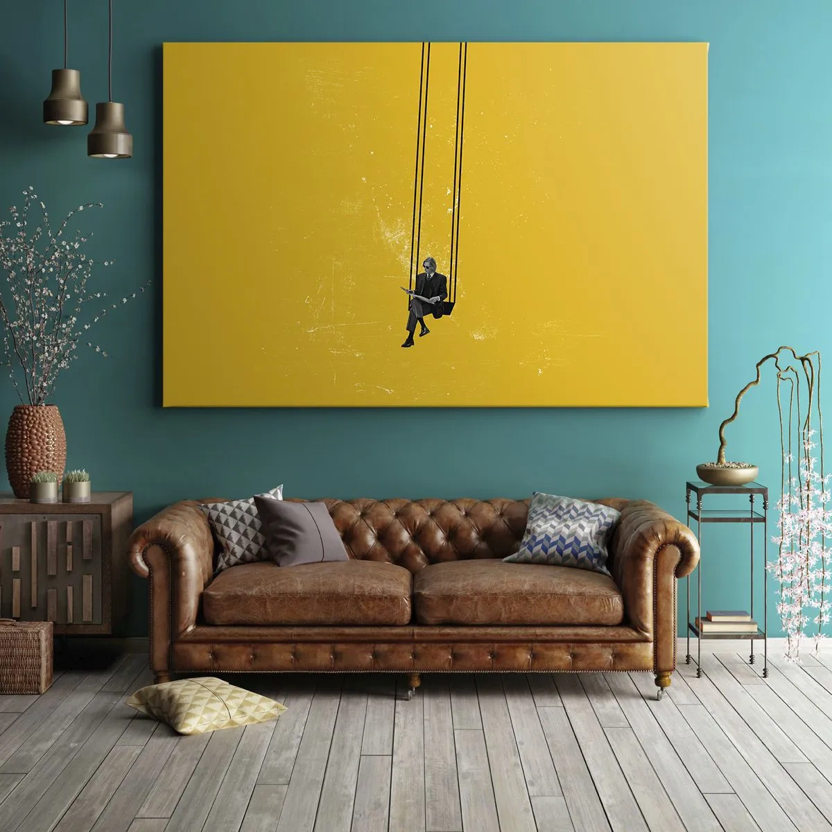 Bild auf Leinwand - Leinwandbild - Eine Person auf einer Schaukel vor einem intensiv gelben Hintergrund - 70x50cm - Tag wie jeder andere - Moderne Wanddekoration für Wohnzimmer und Schlafzimmer ARTTOR