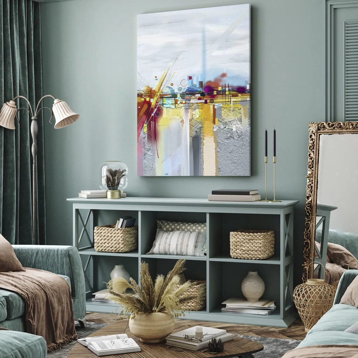 Bild auf Leinwand - Leinwandbild - Abstrakte Landschaft mit bunten Akzenten - 50x70cm - Freudenbrücke über den Fluss des Lebens - Moderne Wanddekoration für Wohnzimmer und Schlafzimmer ARTTOR