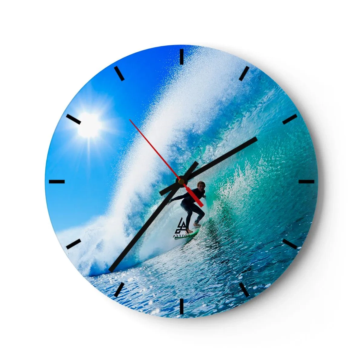 Wanduhr - Glasuhr - Surfer auf einer Welle an einem sonnigen Tag - 30x30cm - Durch das große Blau - Moderne Wanddekoration für Wohnzimmer, Küche und Schlafzimmer ARTTOR