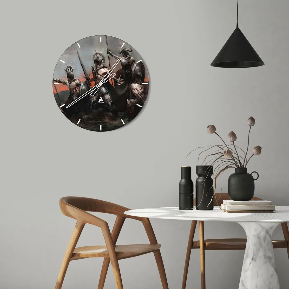 Wanduhr - Glasuhr - Eine Gruppe gepanzerter Krieger mit Schilden und Speeren in einer dynamischen Szene - 30x30cm - Mit oder auf einem Schild - Moderne Wanddekoration für Wohnzimmer, Küche und Schlafzimmer ARTTOR