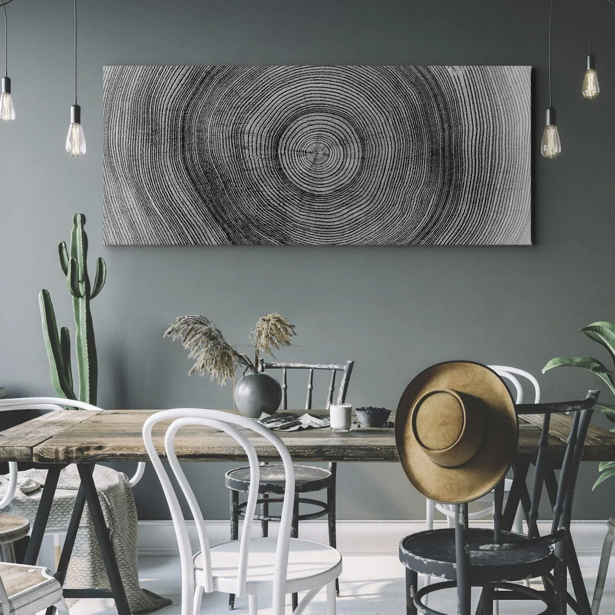 Bild auf Leinwand - Leinwandbild - Schwarz-weißes Baumringmuster, das einen Querschnitt des Stammes zeigt - 160x50cm - Zeichen der Zeit - Moderne Wanddekoration für Wohnzimmer und Schlafzimmer ARTTOR