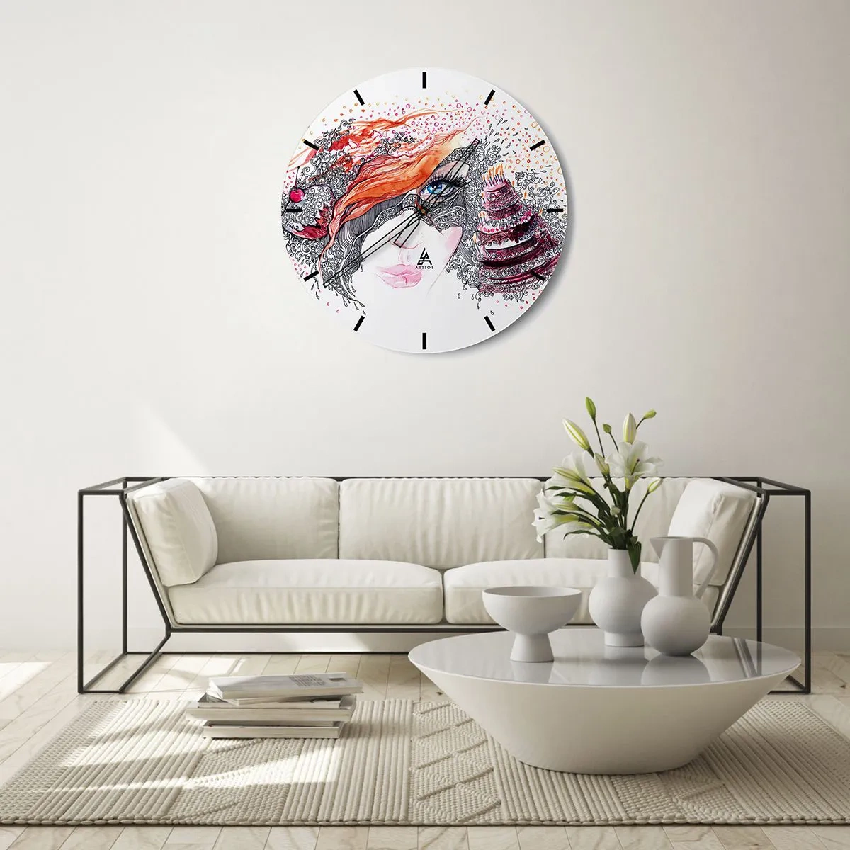 Wanduhr - Glasuhr - Künstlerisches Gesicht mit vielen Details und Farben - 30x30cm - Bei ihr ist jeden Tag Feiertag - Moderne Wanddekoration für Wohnzimmer, Küche und Schlafzimmer ARTTOR