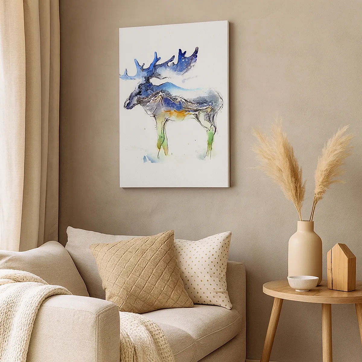 Bild auf Leinwand - Leinwandbild - Aquarell-Silhouette eines Elches mit Berglandschaft - 50x70cm - Der Held eines Wintermärchens - Moderne Wanddekoration für Wohnzimmer und Schlafzimmer ARTTOR