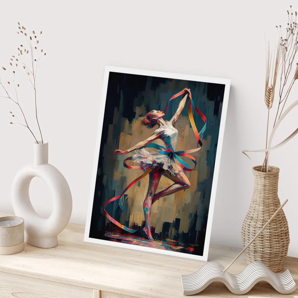 Poster - Eine Tänzerin in dynamischer Pose mit bunten Bändern. - 50x70cm - Bandtanz - Moderne Wanddekoration für Wohnzimmer und Schlafzimmer ARTTOR