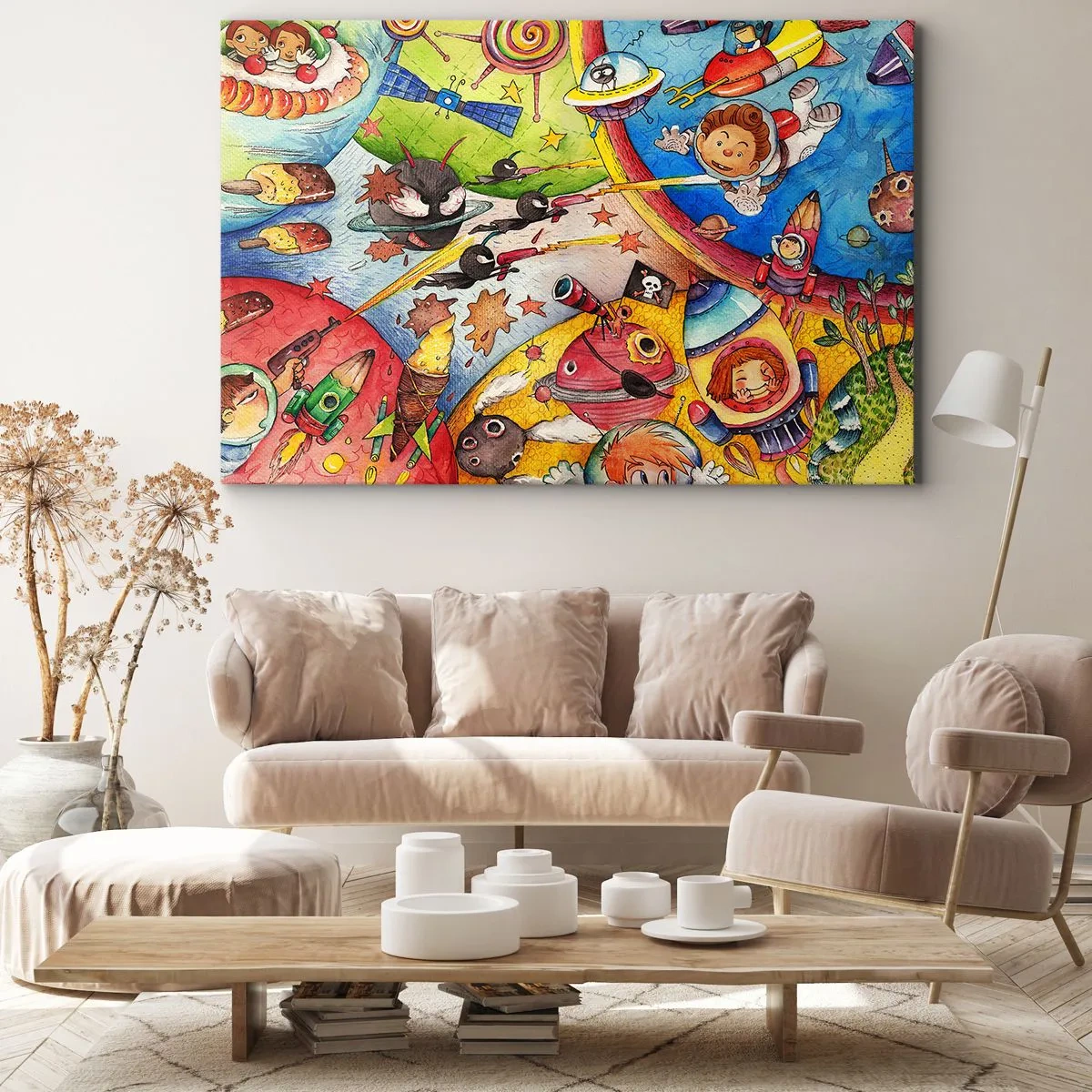 Bild auf Leinwand - Leinwandbild - Eine bunte Weltraumszene voller Kinder und Raumschiffe - 70x50cm - Tolles Weltraumabenteuer - Moderne Wanddekoration für Wohnzimmer und Schlafzimmer ARTTOR