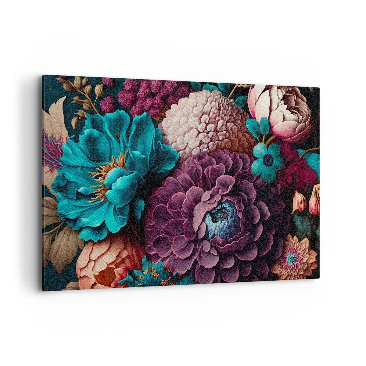 Bild auf Leinwand - Leinwandbild - Ein Blumenstrauß in intensiven Farben auf dunklem Hintergrund - 120x80cm - Natur in Hülle und Fülle - Moderne Wanddekoration für Wohnzimmer und Schlafzimmer ARTTOR