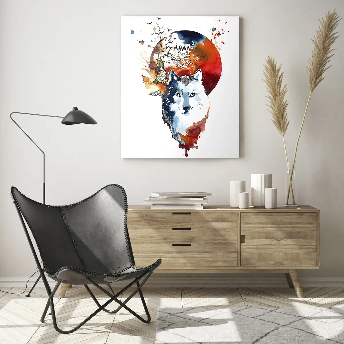 Glasbild - Bild auf glas - Abstraktes Aquarell eines Wolfes vor einem roten Mond - 80x120cm - Nase an Nase mit der Nacht - Moderne Wanddekoration für Wohnzimmer und Schlafzimmer ARTTOR