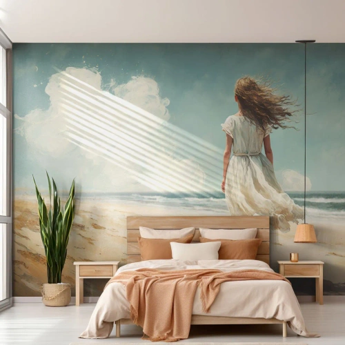 Fototapete Premium Canvas - Der Sonne und dem Wind begegnen - Mädchen, Strand, Gehen - 200x140 cm