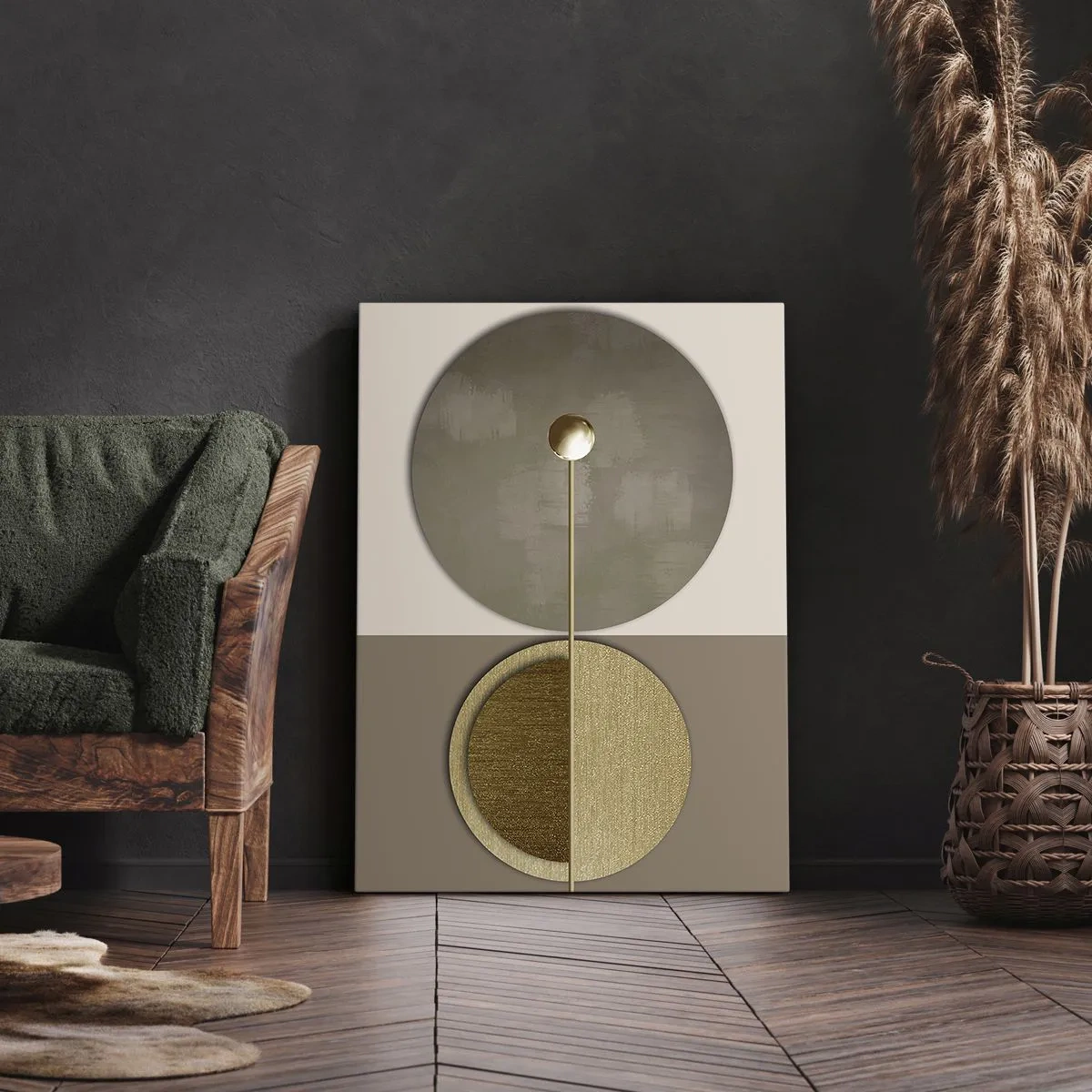 Bild auf Leinwand - Leinwandbild - Abstrakte Kreise in Gold- und Beigetönen - 50x70cm - Perfekte Balance - Moderne Wanddekoration für Wohnzimmer und Schlafzimmer ARTTOR