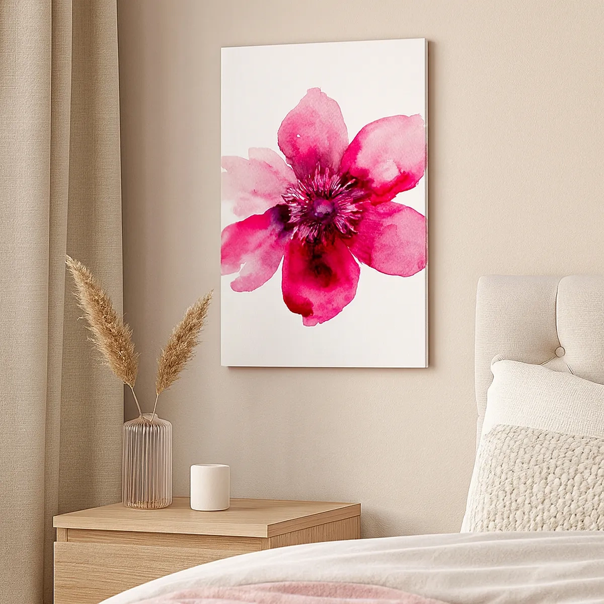 Bild auf Leinwand - Leinwandbild - Rosa Blume im Aquarellstil auf weißem Hintergrund - 50x70cm - Ein nach Karmin duftender Kuss - Moderne Wanddekoration für Wohnzimmer und Schlafzimmer ARTTOR