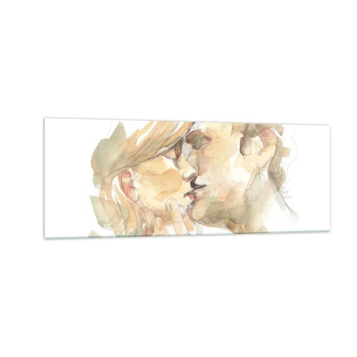 Glasbild - Bild auf glas - Romantisches Aquarellporträt eines sich küssenden Paares - 140x50cm - Hälfte gefunden? - Moderne Wanddekoration für Wohnzimmer und Schlafzimmer ARTTOR