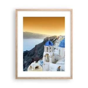 Poster in einem Rahmen aus heller Eiche - Santorini - an die Felsen gekuschelt - 40x50 cm