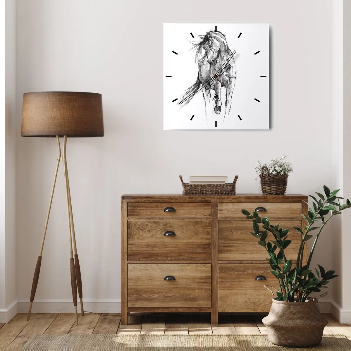 Wanduhr - Glasuhr - Schwarz-Weiß-Skizze eines galoppierenden Pferdes - 30x30cm - Im anmutigen Trab - Moderne Wanddekoration für Wohnzimmer und Schlafzimmer ARTTOR