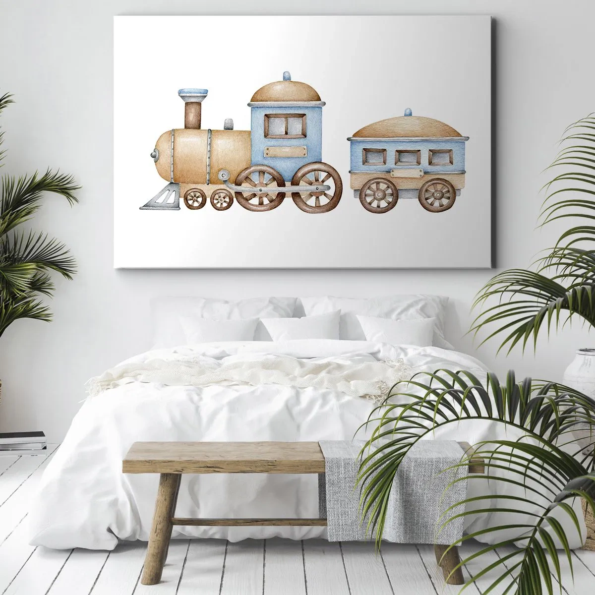 Bild auf Leinwand - Leinwandbild - Zeichnung eines Zuges in Pastelltönen auf weißem Hintergrund - 70x50cm - Am Bahnhof steht ... - Moderne Wanddekoration für Wohnzimmer und Schlafzimmer ARTTOR