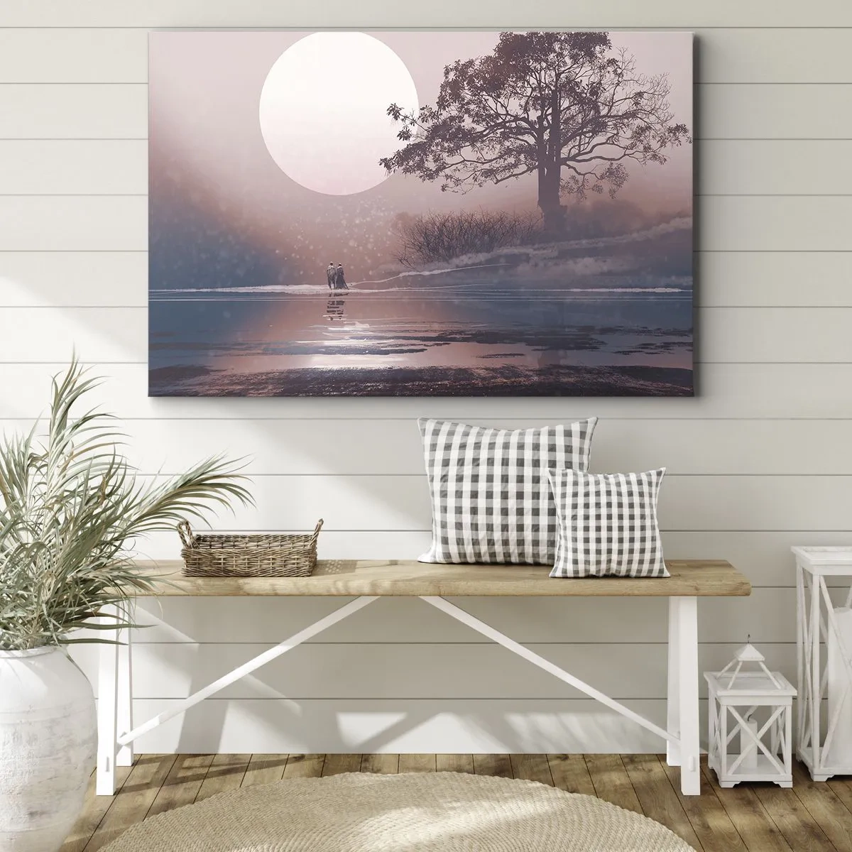 Bild auf Leinwand - Leinwandbild - Romantische Szene mit dem Mond und einem Baum am Wasser - 100x70cm - Wunder der Nacht - Moderne Wanddekoration für Wohnzimmer und Schlafzimmer ARTTOR
