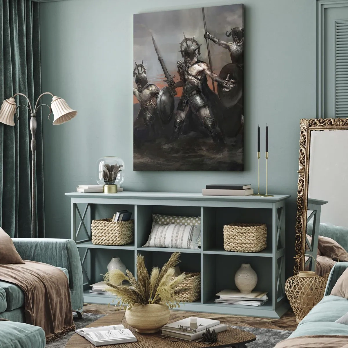 Bild auf Leinwand - Leinwandbild - Eine Gruppe von Kriegern in Rüstung mit Speeren vor dem Hintergrund des Sonnenuntergangs - 50x70cm - Mit oder auf einem Schild - Moderne Wanddekoration für Wohnzimmer und Schlafzimmer ARTTOR