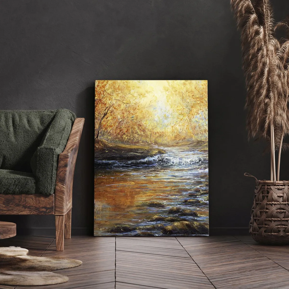 Bild auf Leinwand - Leinwandbild - Herbstlandschaft mit einem Fluss zwischen den Bäumen - 50x70cm - Der goldene Strom - Moderne Wanddekoration für Wohnzimmer und Schlafzimmer ARTTOR