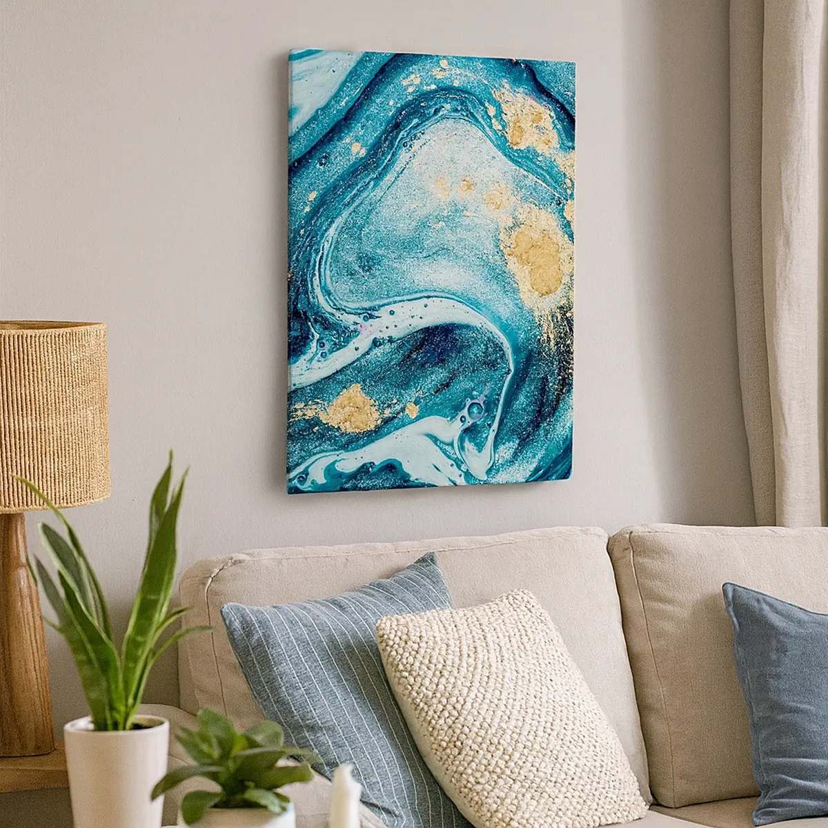 Bild auf Leinwand - Leinwandbild - Eine abstrakte Komposition aus Wellen und goldenen Akzenten - 50x70cm - Blauer Wirbel - Moderne Wanddekoration für Wohnzimmer und Schlafzimmer ARTTOR