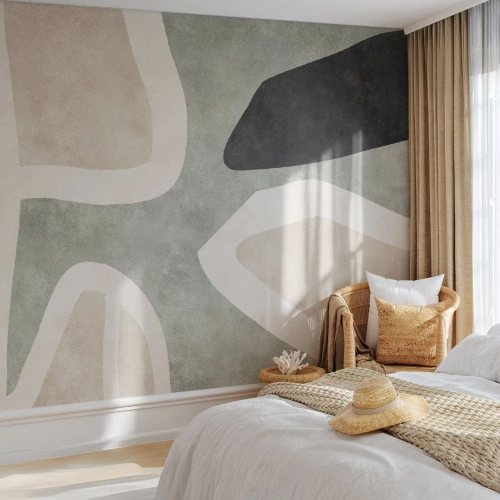 Fototapete Premium Canvas - Abstrakte Formen in gedämpften Farben - 100x70cm - Komposition mit schwarzem Motiv - Moderne Wanddekoration für Wohnzimmer und Schlafzimmer ARTTOR