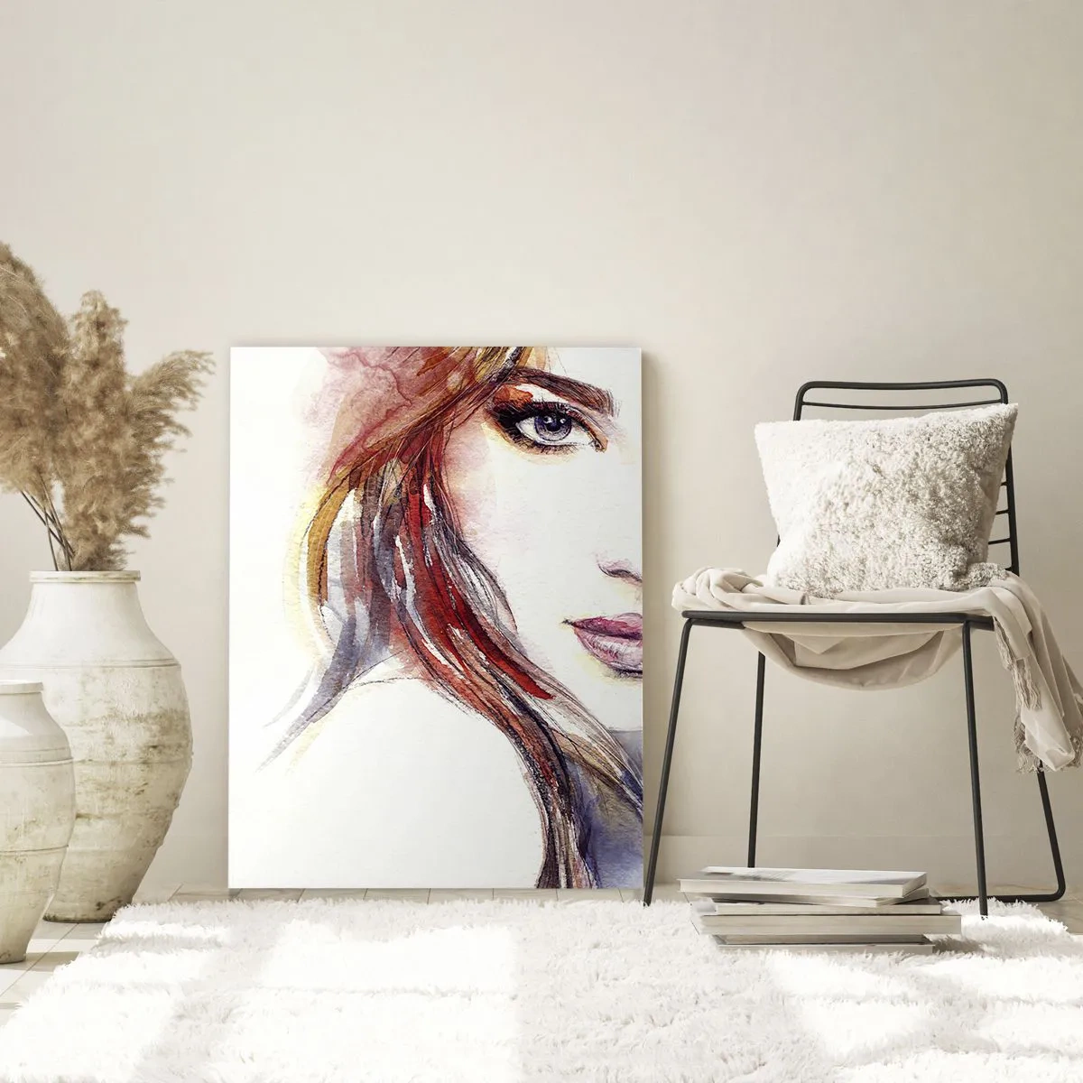 Glasbild - Bild auf glas - Ein subtiles Aquarell eines Frauengesichts mit ausdrucksstarkem Blick. - 80x120cm - Vademecum - folge mir - Moderne Wanddekoration für Wohnzimmer und Schlafzimmer ARTTOR