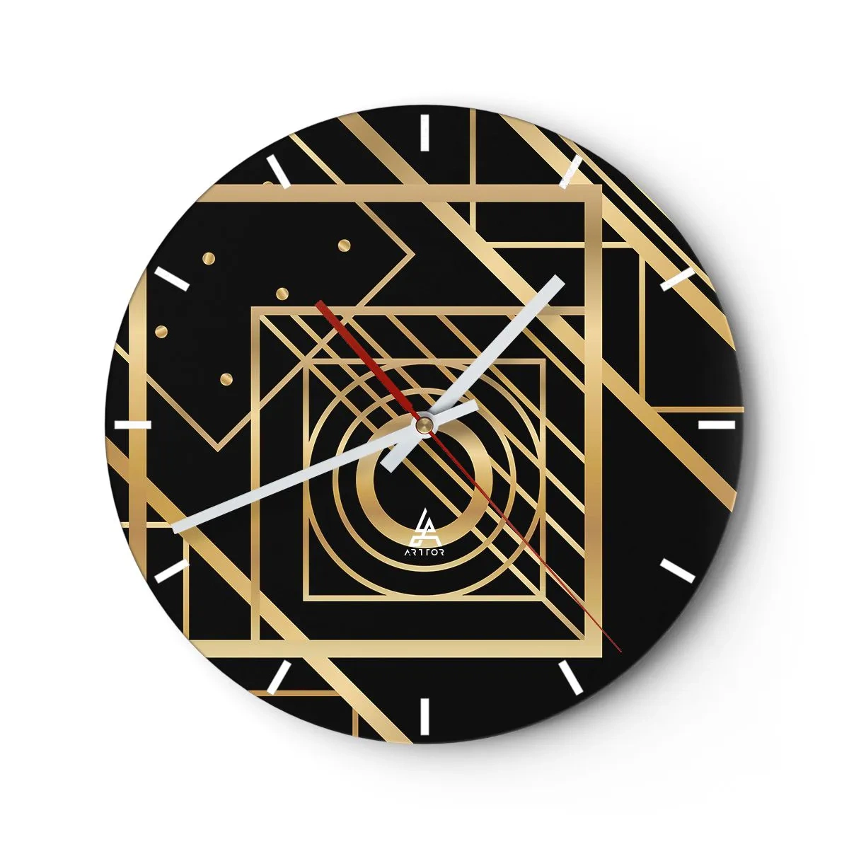Wanduhr - Glasuhr - Goldenes geometrisches Muster auf schwarzem Hintergrund - 30x30cm - Goldene Geometrie - Moderne Wanddekoration für Wohnzimmer, Küche und Schlafzimmer ARTTOR
