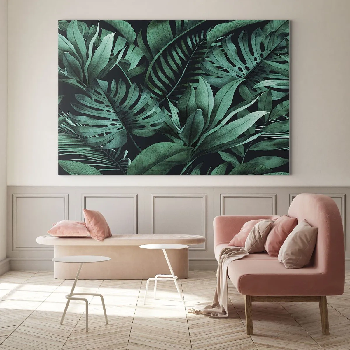 Glasbild - Bild auf glas - Üppig grüne Blätter in einer tropischen Komposition - 100x70cm - Die Tiefe des tropischen Grüns - Moderne Wanddekoration für Wohnzimmer und Schlafzimmer ARTTOR