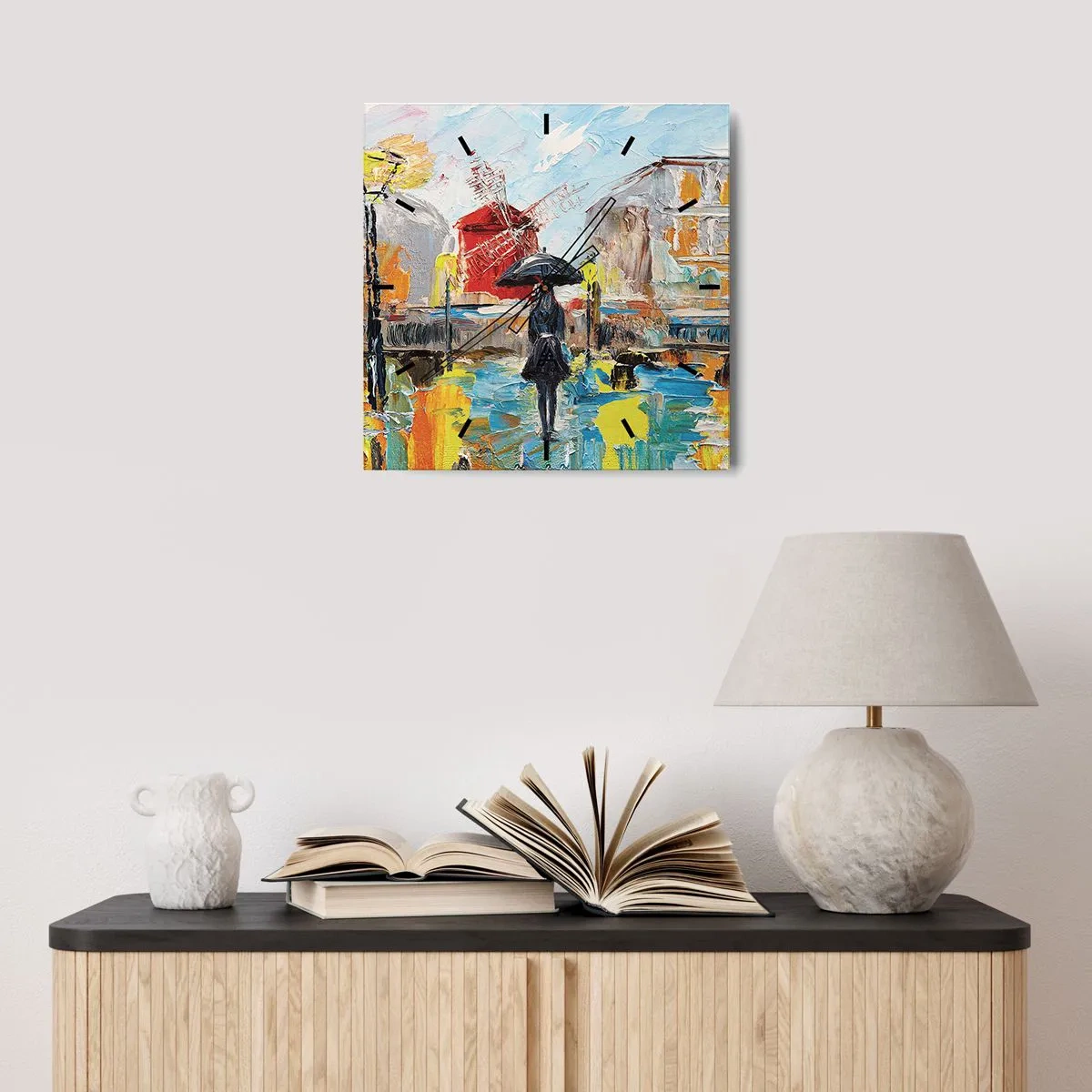 Wanduhr - Glasuhr - Eine malerische Szene mit einem Regenschirm vor der Kulisse von Paris in leuchtenden Farben. - 30x30cm - Pariser Legenden - Moderne Wanddekoration für Wohnzimmer und Schlafzimmer ARTTOR