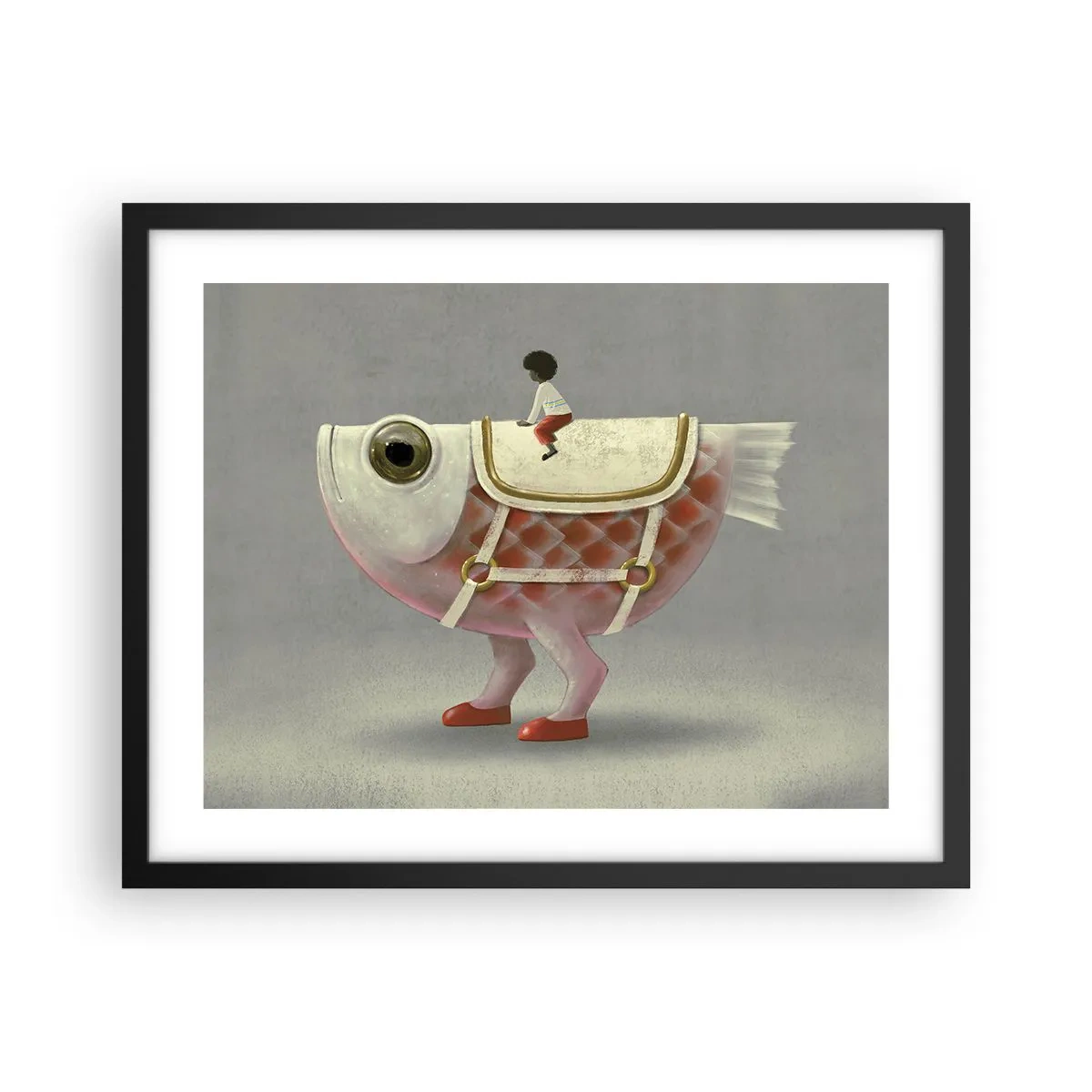 Poster in einem schwarzem Rahmen - Reiter auf einem surrealen Fisch - 50x40 cm