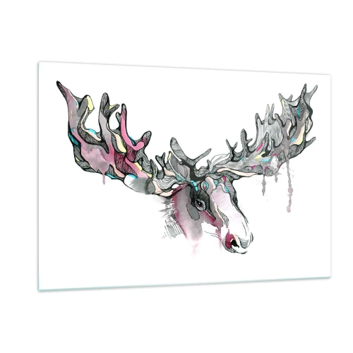 Glasbild - Bild auf glas - Buntes Aquarell eines Elches mit ausgedehntem Geweih - 120x80cm - Krone des Waldkönigs - Moderne Wanddekoration für Wohnzimmer und Schlafzimmer ARTTOR