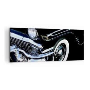 Bild auf Leinwand - Leinwandbild - Schwarzer Oldtimer, Nahaufnahme von Scheinwerfer und Kotflügel - 120x50cm - Klassiker in Silber, Schwarz und Weiß - Moderne Wanddekoration für Wohnzimmer und Schlafzimmer ARTTOR
