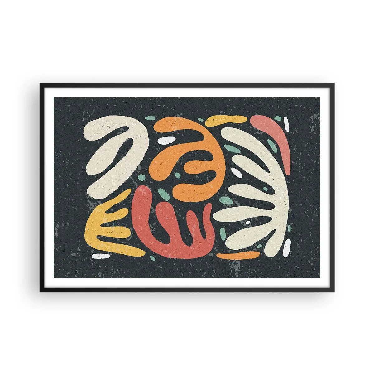 Poster in einem schwarzem Rahmen - Abstrakte Formen in warmen Farben auf dunklem Hintergrund - 100x70cm - Komposition – Ich erwische dich gleich - Moderne Wanddekoration für Wohnzimmer und Schlafzimmer ARTTOR