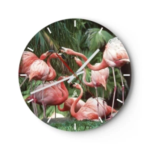 Wanduhr - Glasuhr - Rosa Flamingos vor dem Hintergrund üppiger tropischer Vegetation - 30x30cm - Nachmittagsklatsch - Moderne Wanddekoration für Wohnzimmer, Küche und Schlafzimmer ARTTOR