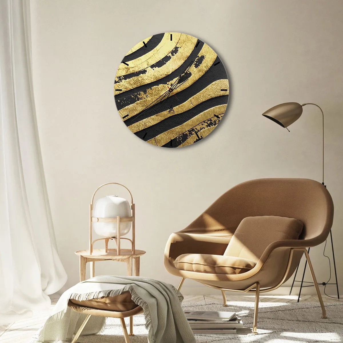 Wanduhr - Glasuhr - Abstraktes Muster in Gold und Schwarz - 30x30cm - Alles fließt - Moderne Wanddekoration für Wohnzimmer, Küche und Schlafzimmer ARTTOR