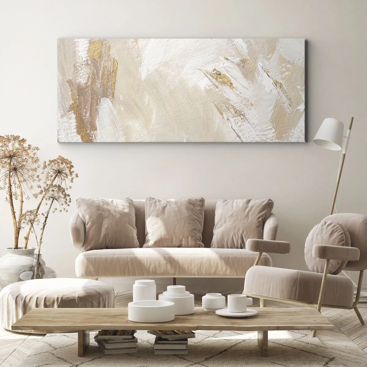 Bild auf Leinwand - Leinwandbild - Zarte abstrakte Töne in Beige- und Goldtönen - 140x50cm - Pastellkomposition - Moderne Wanddekoration für Wohnzimmer und Schlafzimmer ARTTOR