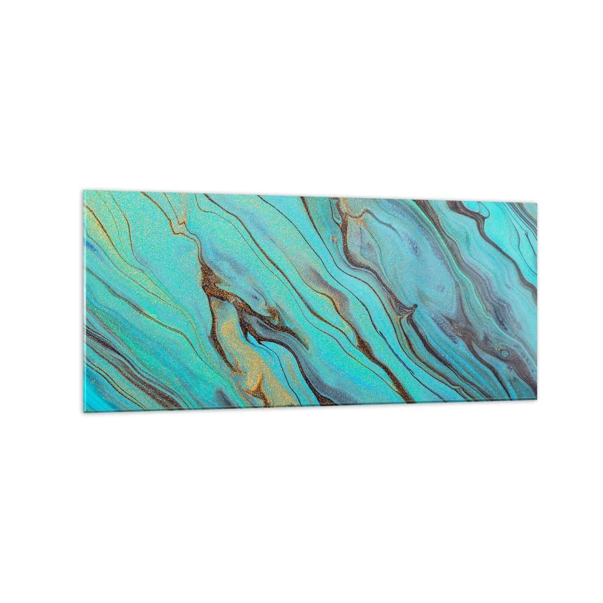 Glasbild - Bild auf glas - Abstrakte Wellen in Türkis- und Goldtönen - 120x50cm - Türkisfarbene Flut - Moderne Wanddekoration für Wohnzimmer und Schlafzimmer ARTTOR