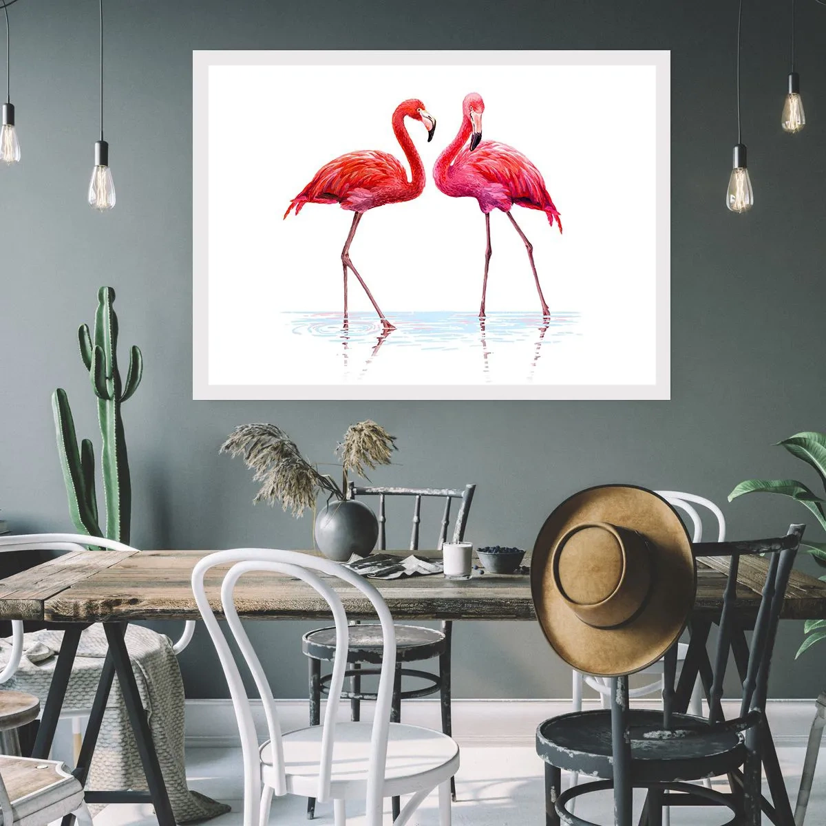 Poster - Ein Flamingopaar im Wasser vor hellem Hintergrund - 100x70cm - Rosa randez-vous - Moderne Wanddekoration für Wohnzimmer und Schlafzimmer ARTTOR