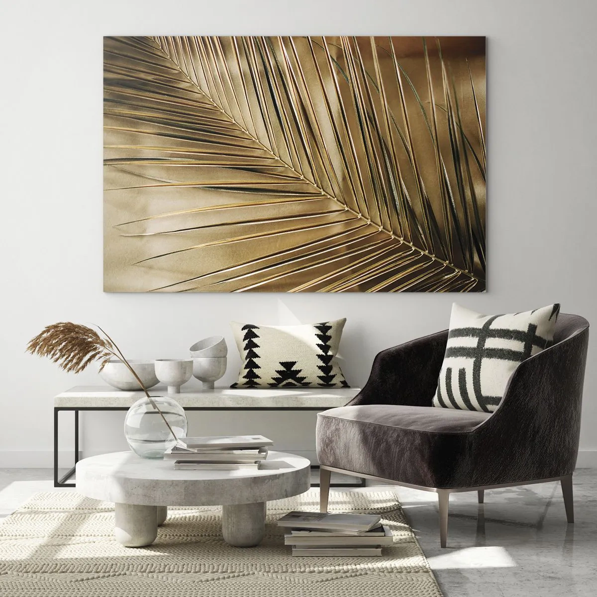 Glasbild - Bild auf glas - Nahaufnahme eines Palmblattes in goldbraunen Tönen - 120x80cm - Natürliche Kolonnade - Moderne Wanddekoration für Wohnzimmer und Schlafzimmer ARTTOR