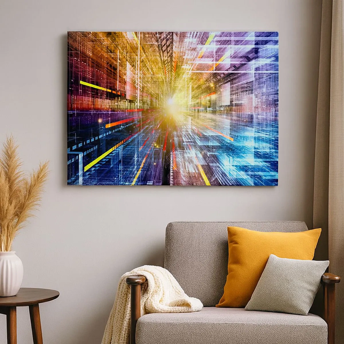 Bild auf Leinwand - Leinwandbild - Dynamische Lichter in einem futuristischen Korridor - 70x50cm - Leuchtender Korridor - Moderne Wanddekoration für Wohnzimmer und Schlafzimmer ARTTOR