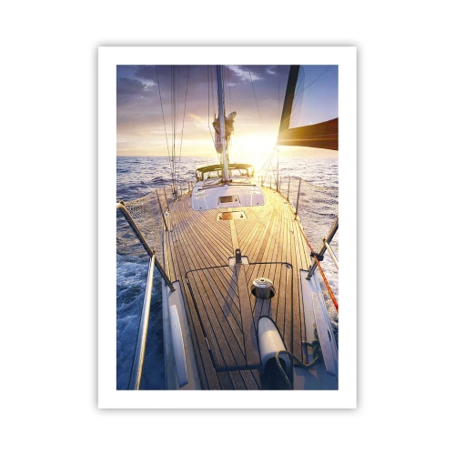 Poster - Yachtdeck mit Blick auf das Meer und den Sonnenuntergang - 50x70cm - Laufen unter den Wellen - Moderne Wanddekoration für Wohnzimmer und Schlafzimmer ARTTOR