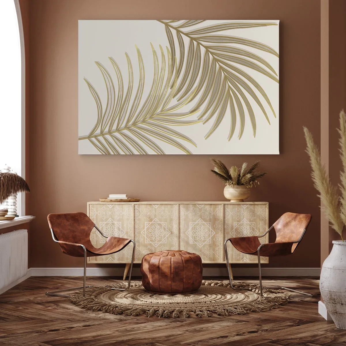 Bild auf Leinwand - Leinwandbild - Goldene Palmblätter auf hellem Hintergrund im minimalistischen Stil - 100x70cm - Goldene Palme! - Moderne Wanddekoration für Wohnzimmer und Schlafzimmer ARTTOR