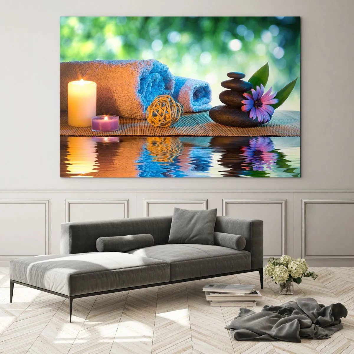 Glasbild - Bild auf glas - Spa mit Handtüchern, Kerzen und Steinen vor natürlicher Kulisse - 120x80cm - Zeit für den Körper - Moderne Wanddekoration für Wohnzimmer und Schlafzimmer ARTTOR