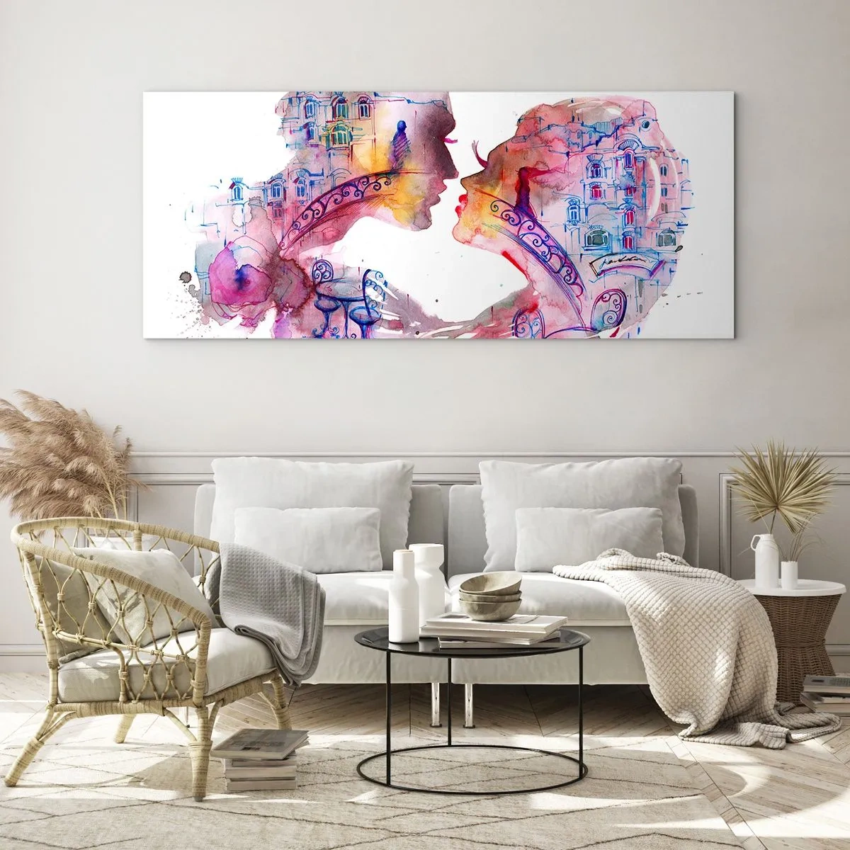 Glasbild - Bild auf glas - Ein romantisches Aquarell, das die Silhouetten von Liebenden darstellt - 140x50cm - Die geheime Seufzerbrücke - Moderne Wanddekoration für Wohnzimmer und Schlafzimmer ARTTOR