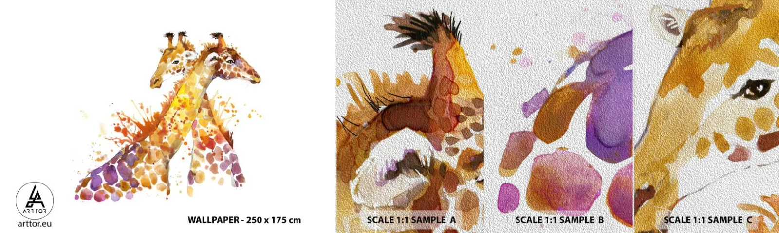 Fototapeten Muster Premium Sand - Ist es Freundschaft oder ist es Baby? - Tiere, Giraffe, Grafik - 100x30 cm