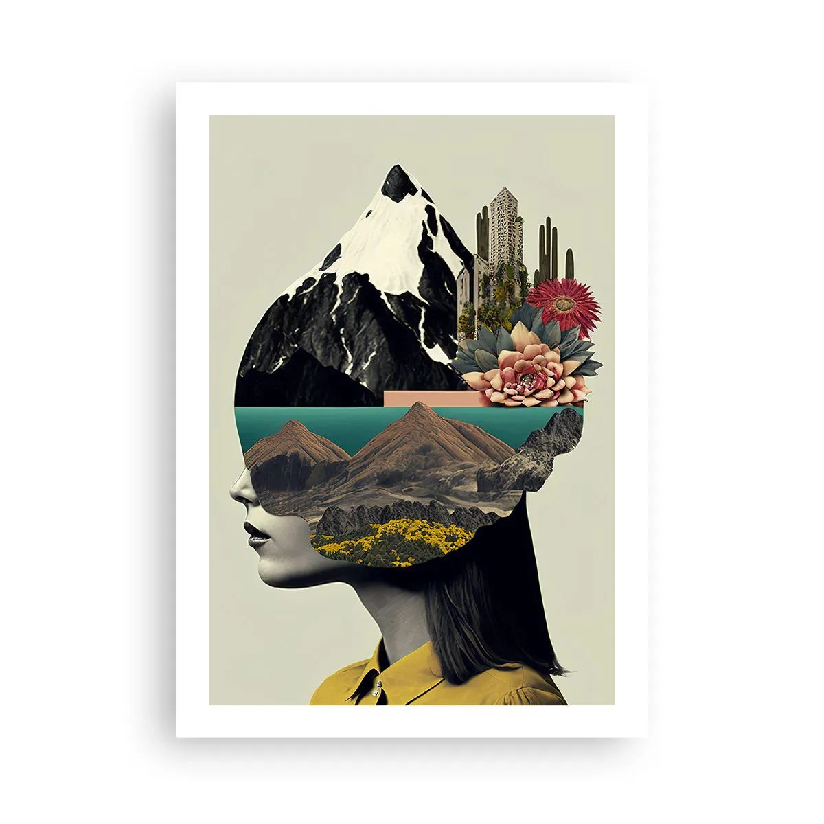 Poster - Eine Frau mit einer surrealen Landschaft im Kopf - 50x70cm - Frau – bleibt immer ein Geheimnis - Moderne Wanddekoration für Wohnzimmer und Schlafzimmer ARTTOR